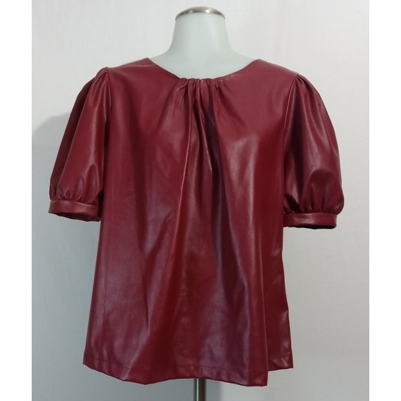 New York & Company Faux-Leather Puff-Sleeve Burgundy Wine Blouse Sz M - Picture 2 of 5